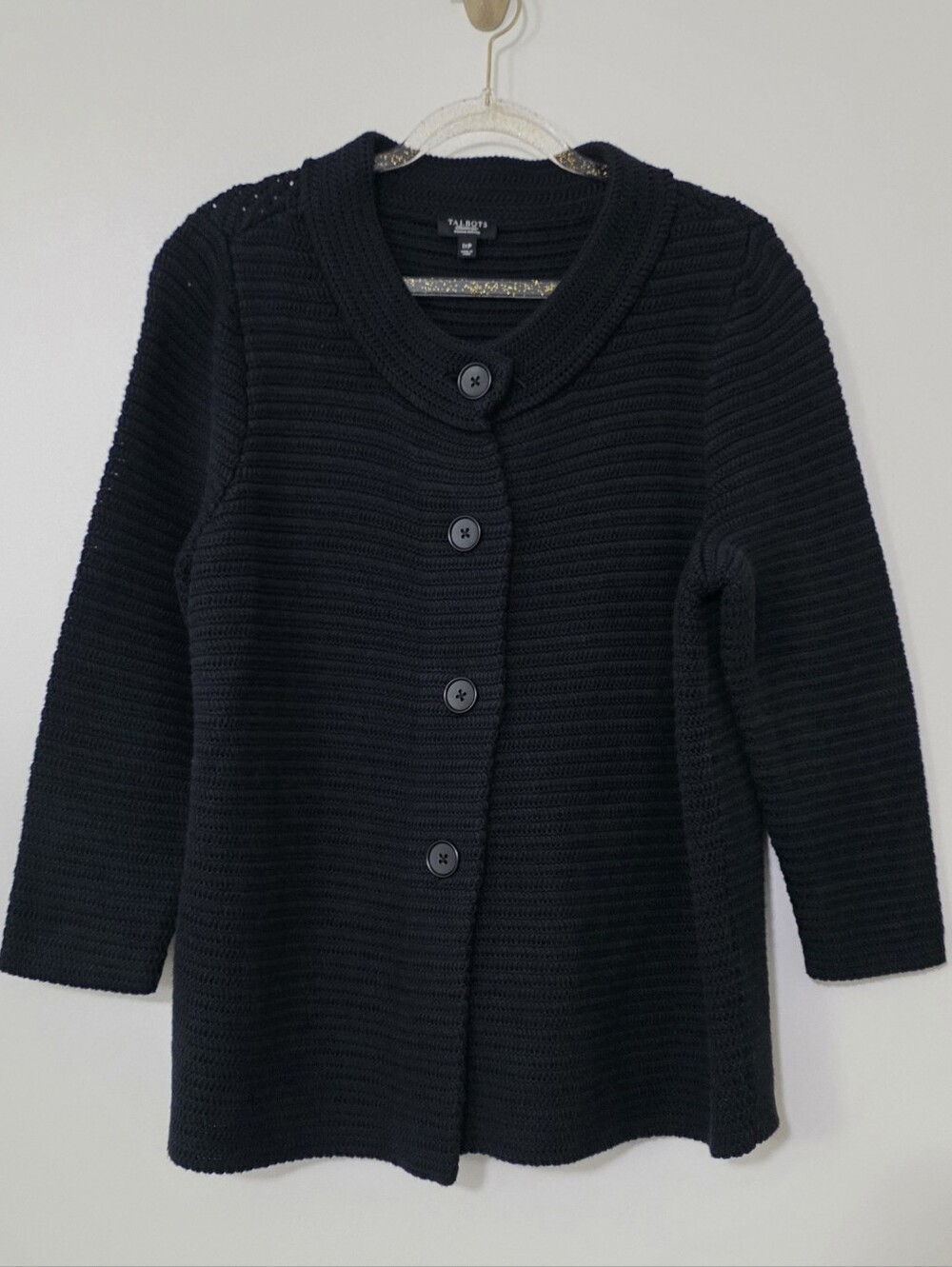 Talbots Horizontal Ribbed Knit Button Front Black Cardigan 3/4 Sleeve 1X Petite